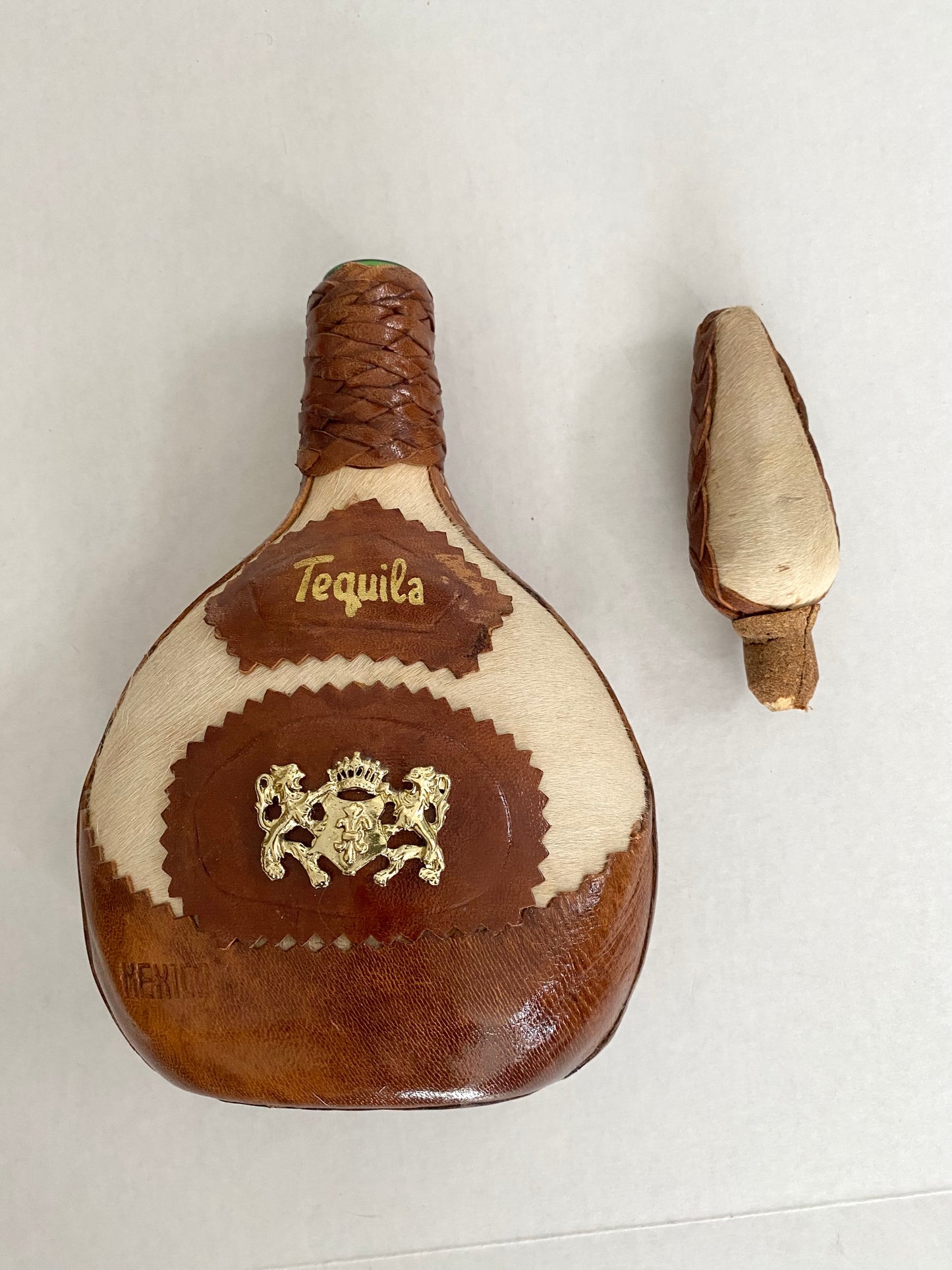Mid Century Mexican Cowhide Leather Tequila Bottle