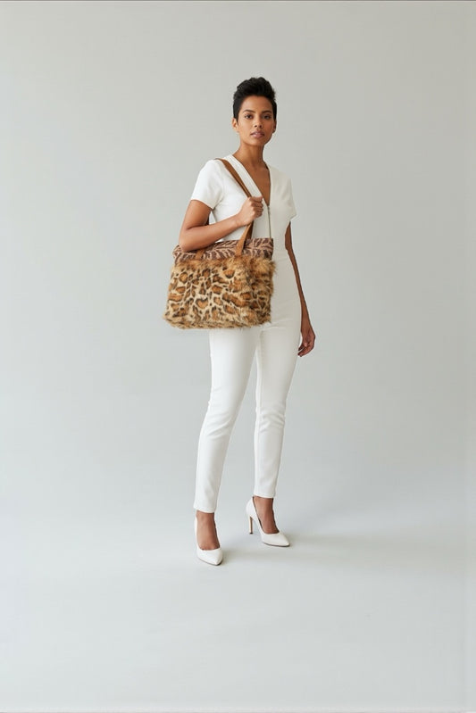 Faux Fur Leopard Upholstery Tote Bag