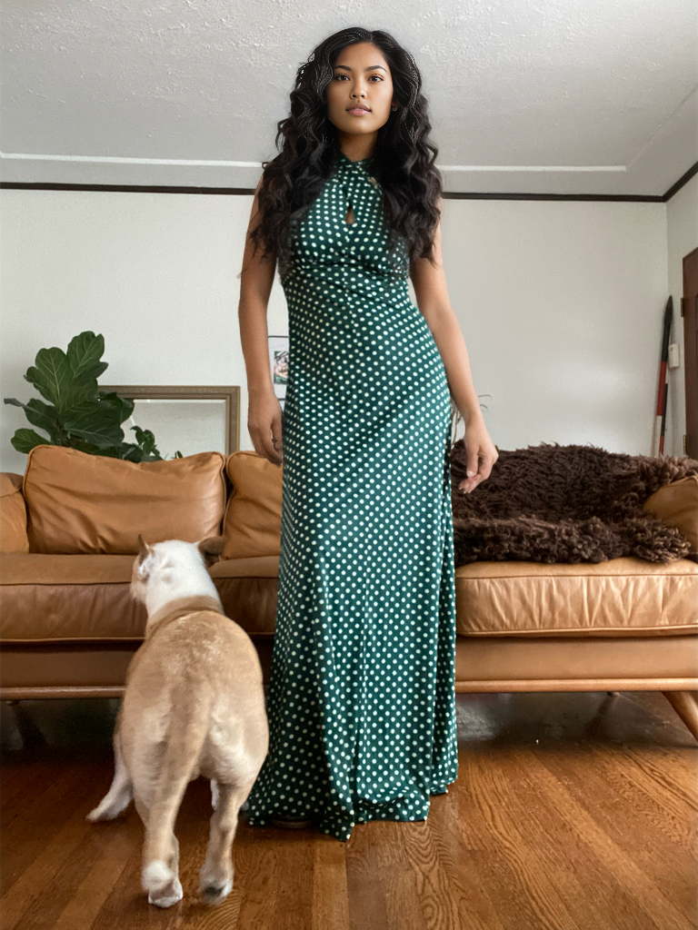 Green Dress with Polka Dots Full Length