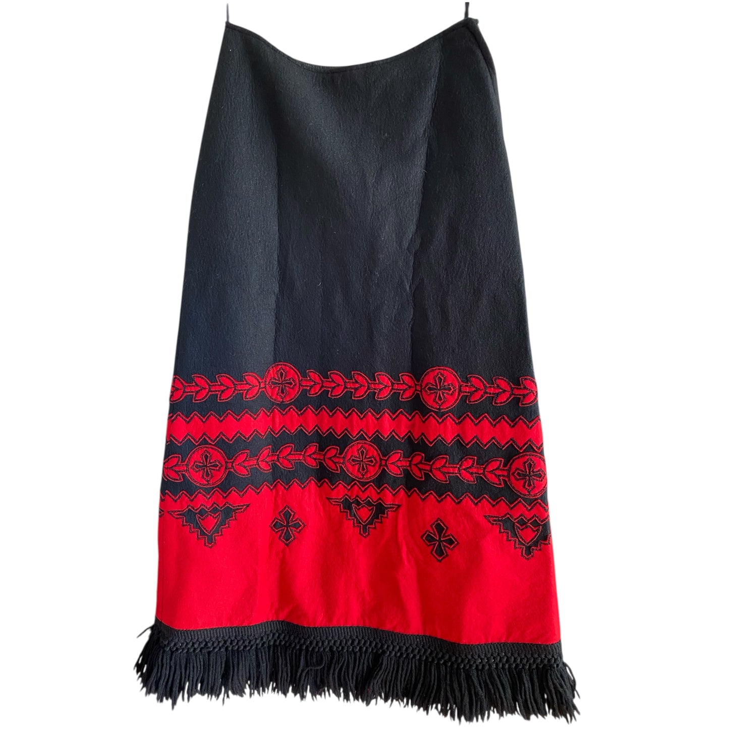 70s Anne Klein Black Felt Wool Maxi Skirt Red Applique Decorative Detail