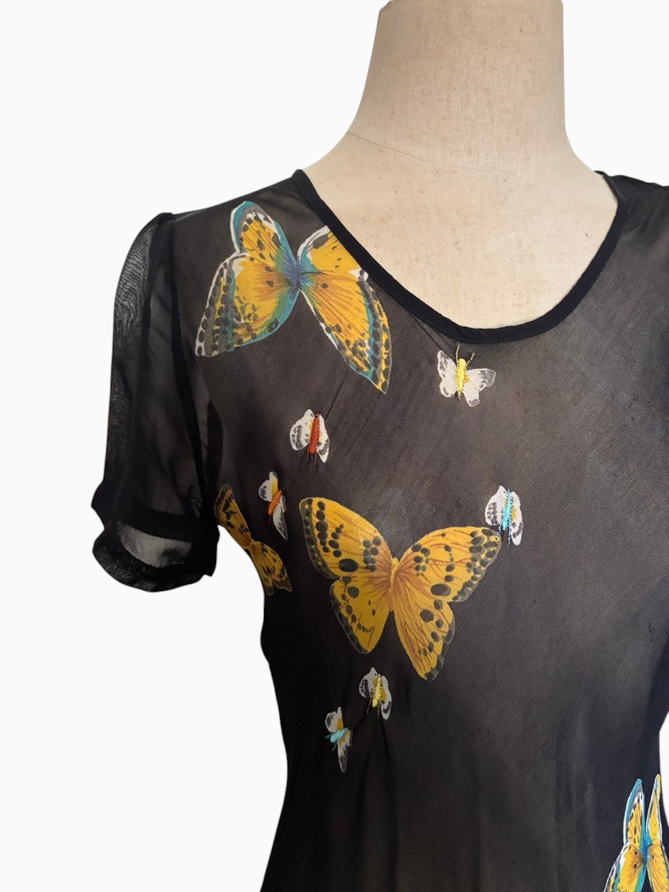 1950s Black Sheer Dress Butterfly Print Embroidered Detail