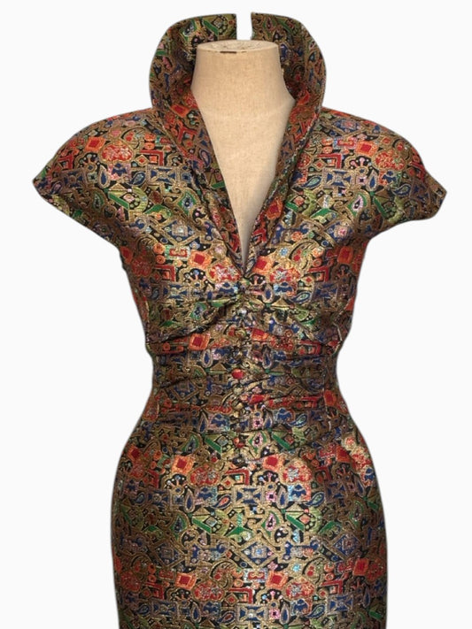 60s Fitted Gold Lamé Brocade Dress