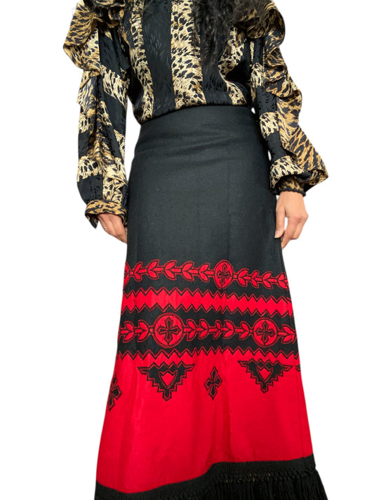 70s Anne Klein Black Felt Wool Maxi Skirt Red Applique Decorative Detail