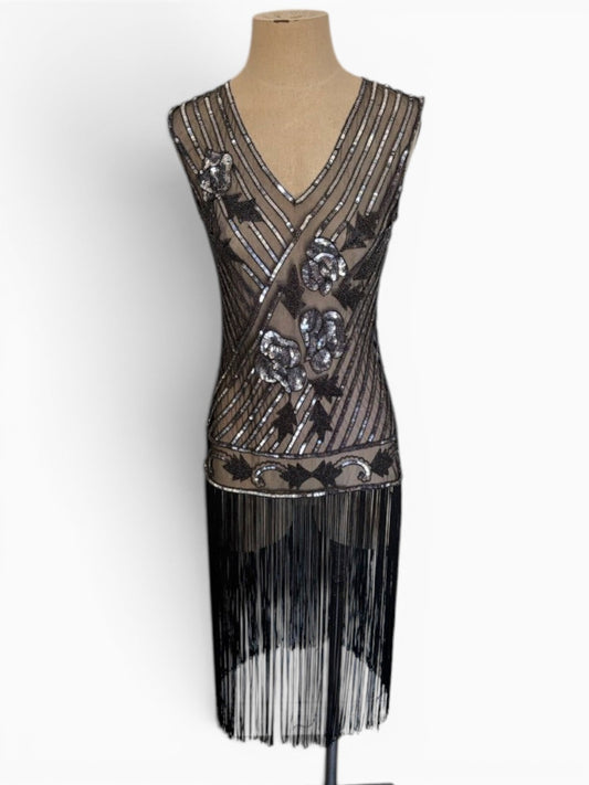 Black Silver 20s Revival Flapper Sheer Dress