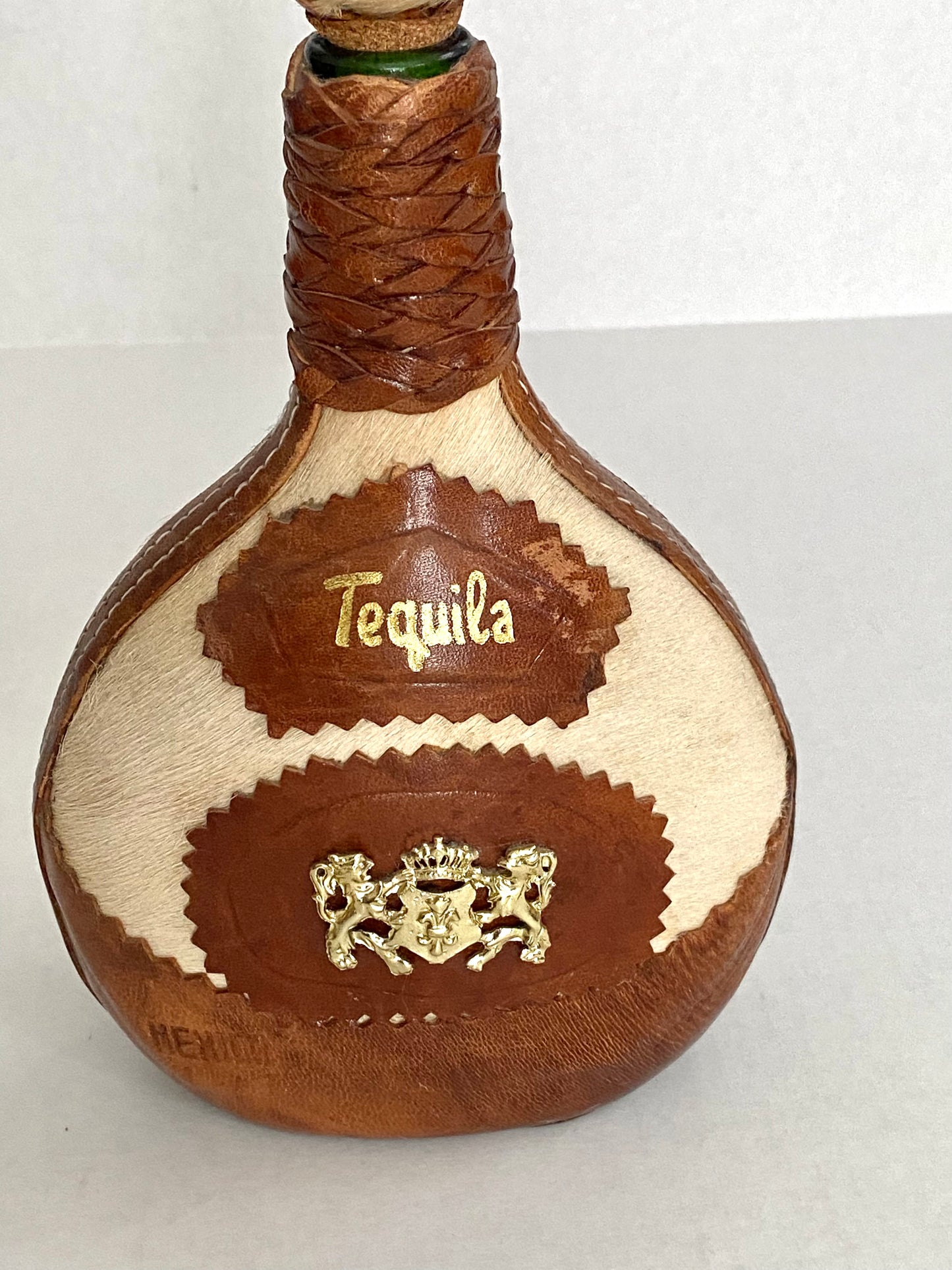 Mid Century Mexican Cowhide Leather Tequila Bottle
