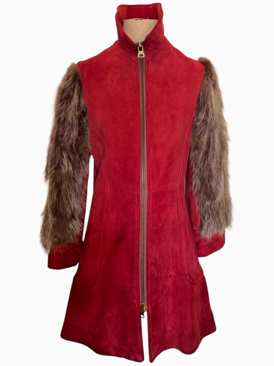 60s Red Suede Jacket Fox Fur Sleeves
