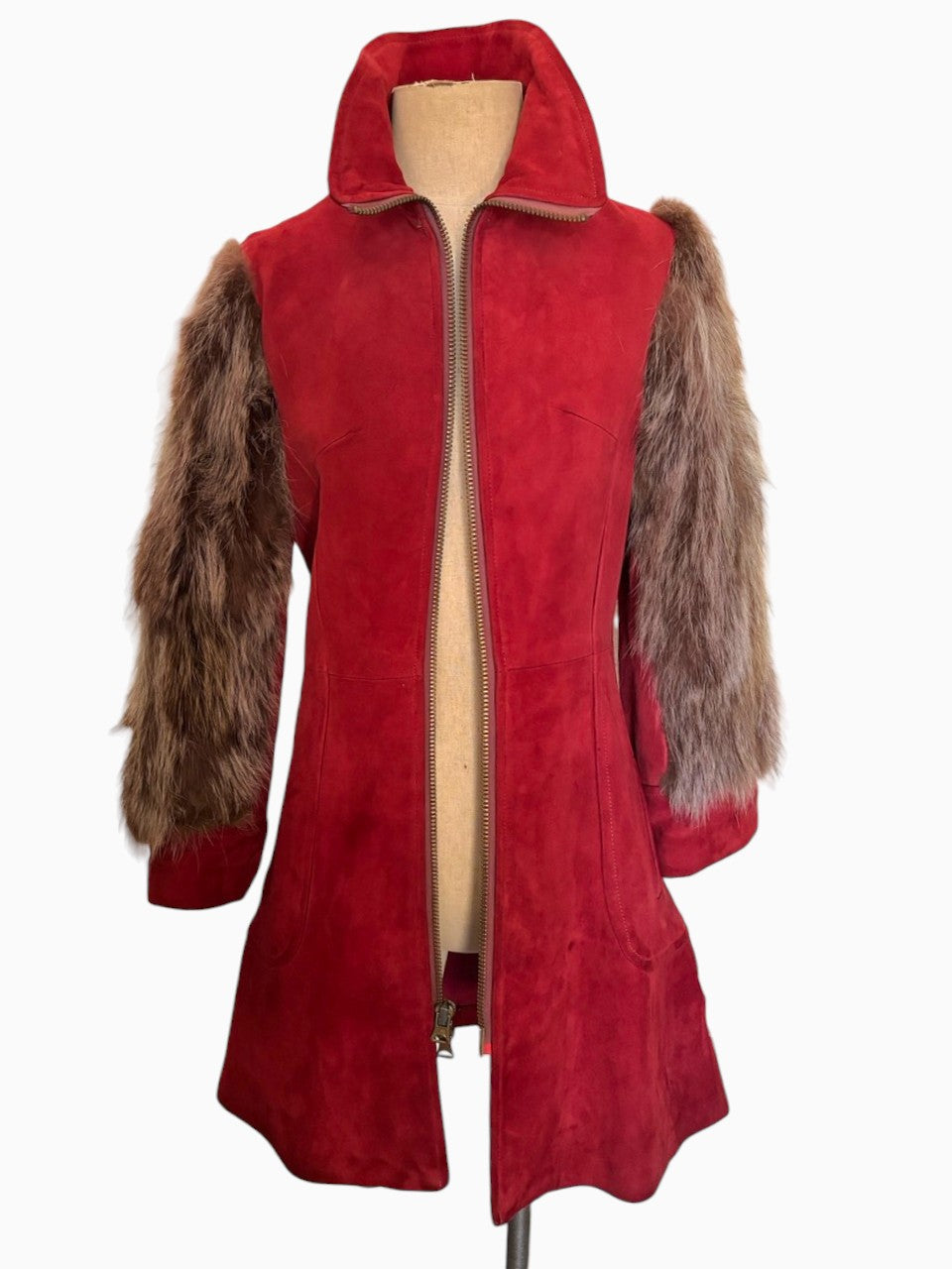 60s Red Suede Jacket Fox Fur Sleeves