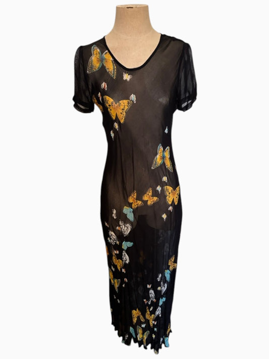 1950s Black Sheer Dress Butterfly Print Embroidered Detail