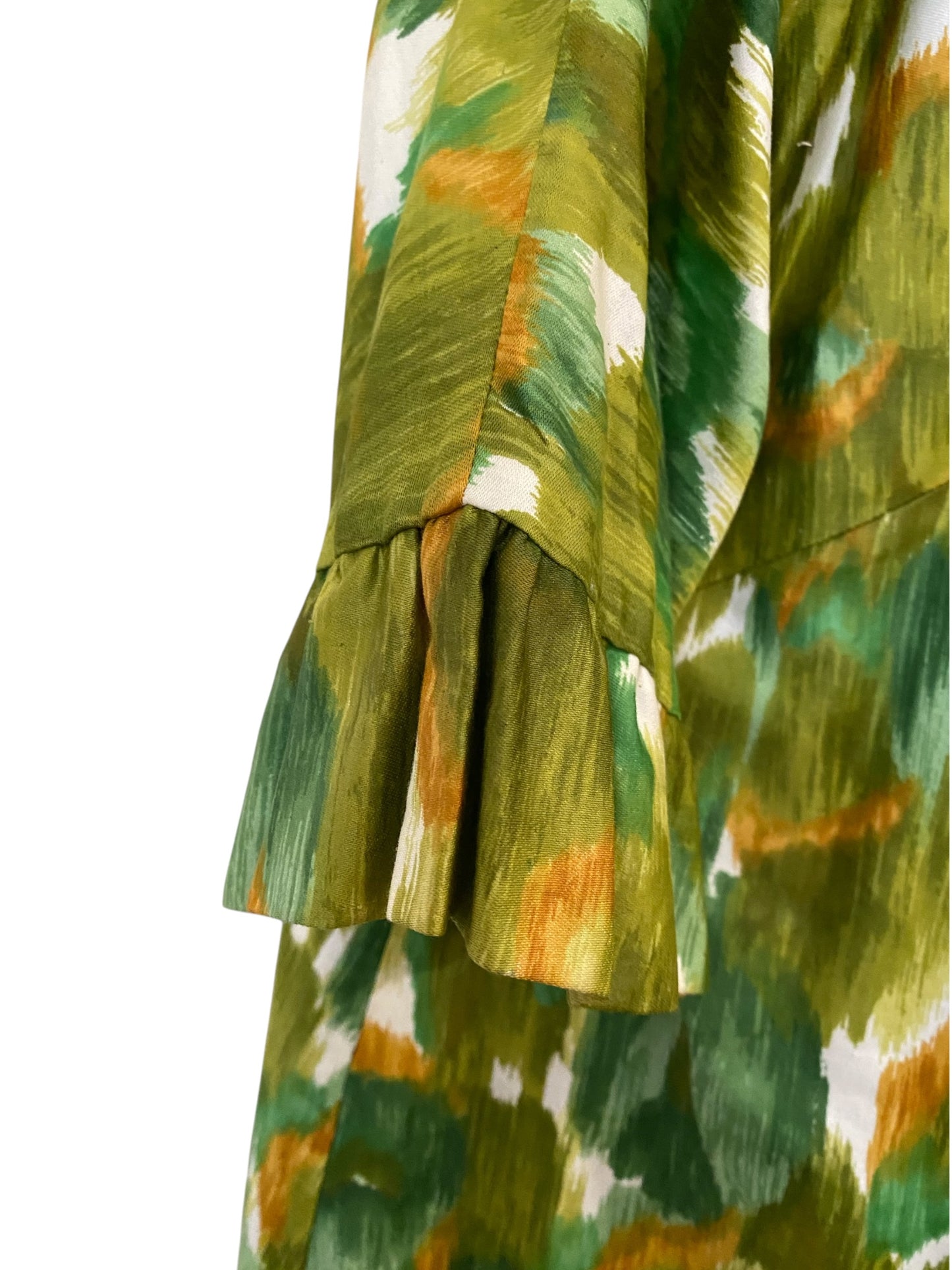 50s 60s Open Coat Abstract Watercolor Print Ruffled Trim