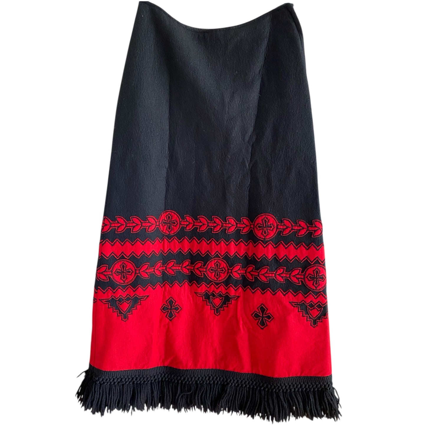 70s Anne Klein Black Felt Wool Maxi Skirt Red Applique Decorative Detail