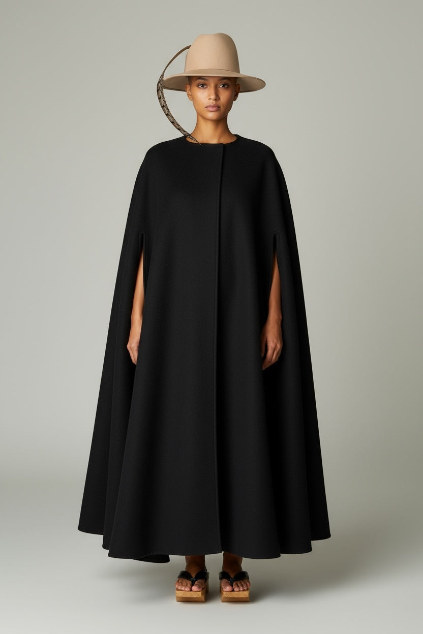 Woman wearing a black cape and beige hat on a plain background