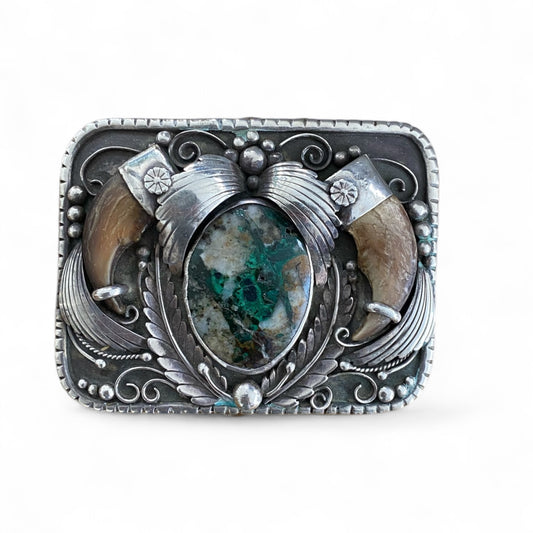 Signed Navajo Buckle Bear Claw Turquoise Stone