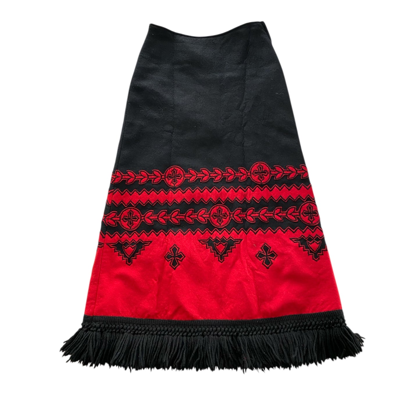 70s Anne Klein Black Felt Wool Maxi Skirt Red Applique Decorative Detail