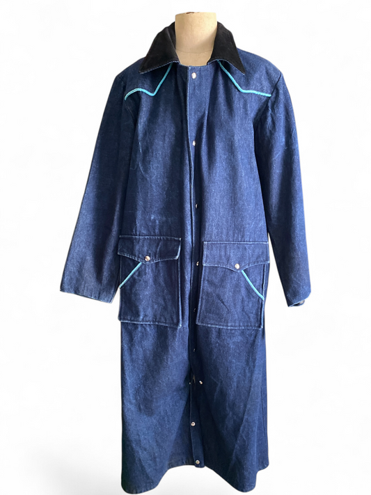 Denim Duster Jacket Aqua Piping