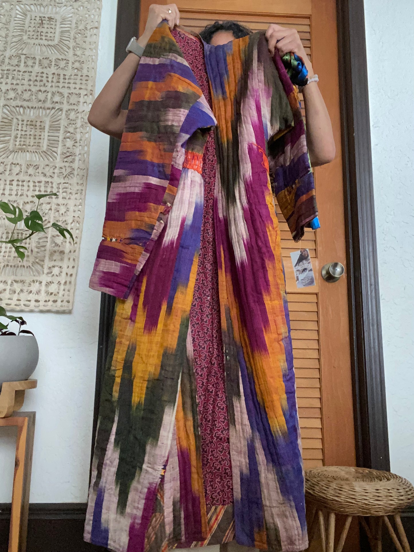 Vintage Afghan Uzbek Silk Quilted Ikat Robe Scarf Belt