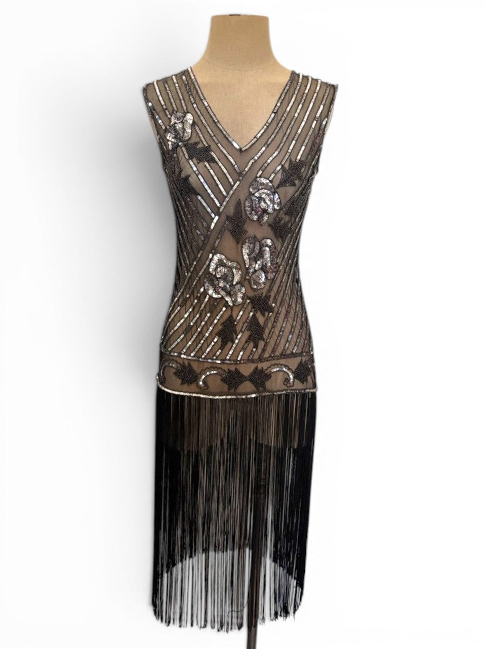 Black Silver 20s Revival Flapper Sheer Dress