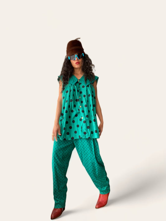 Classic Lines 80s green black polka dot trapeze top — front view showing exaggerated collar and silhouette