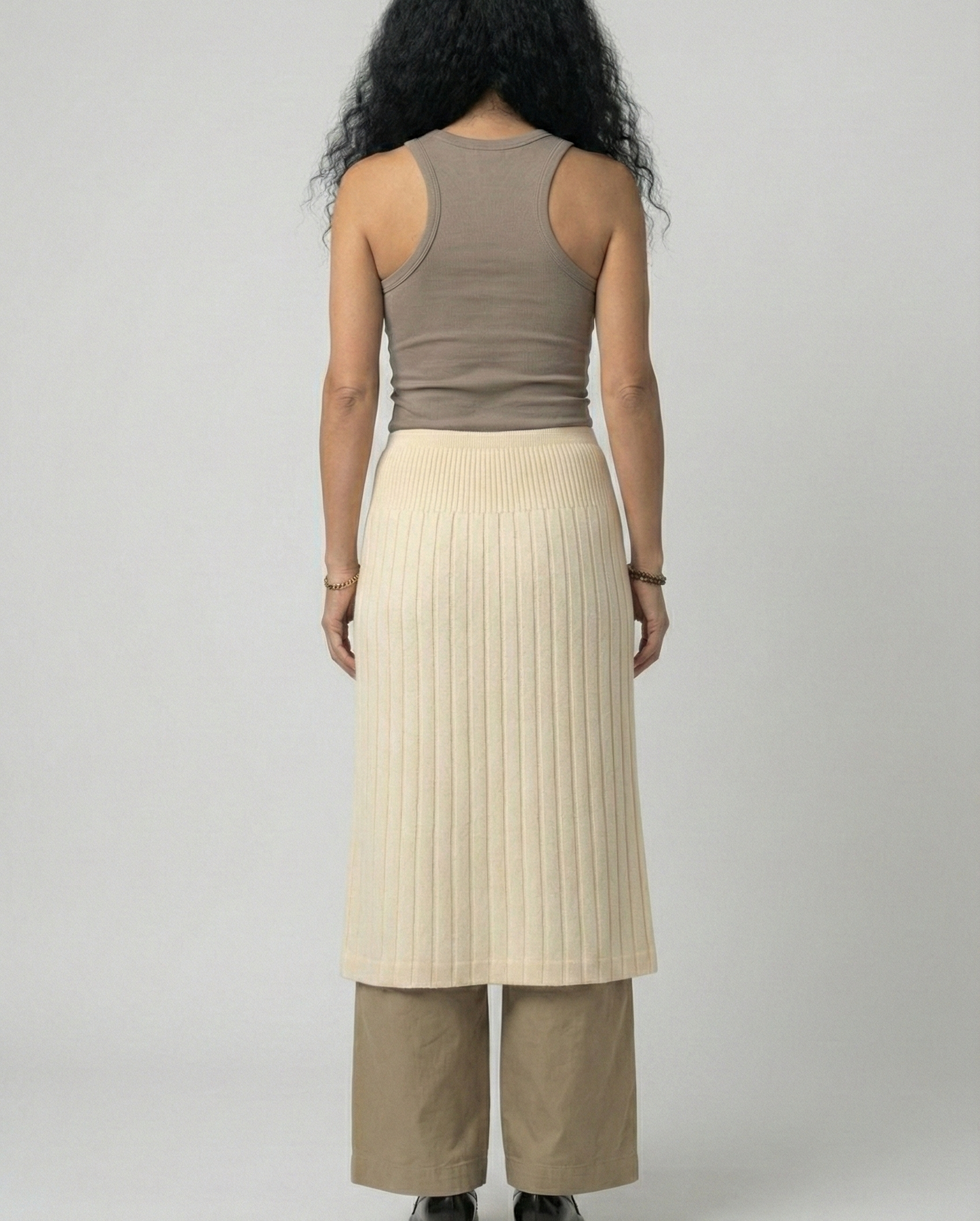 Cream Color Wool Ribbed A-Line Skirt