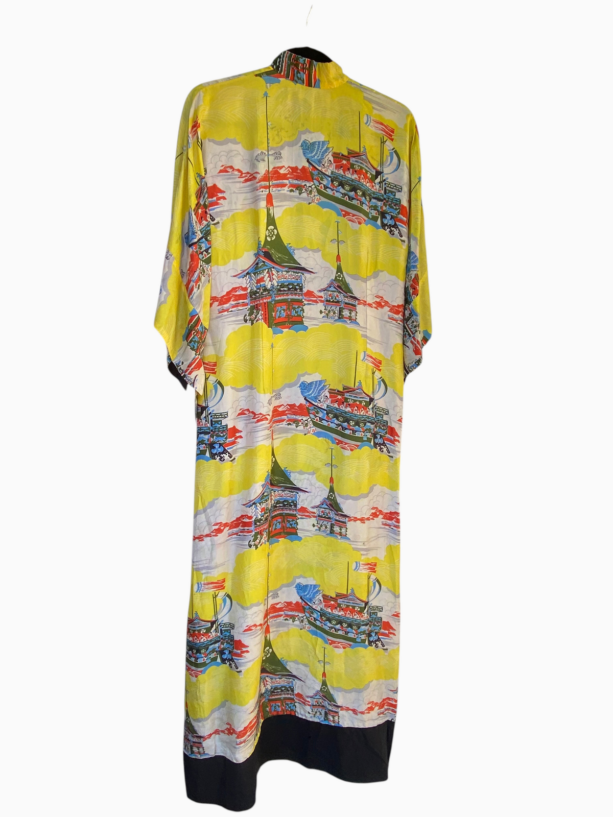 LaliSimone vintage 1940s yellow rayon Pake Muu dress featuring a pagoda and sailing vessel novelty border print.