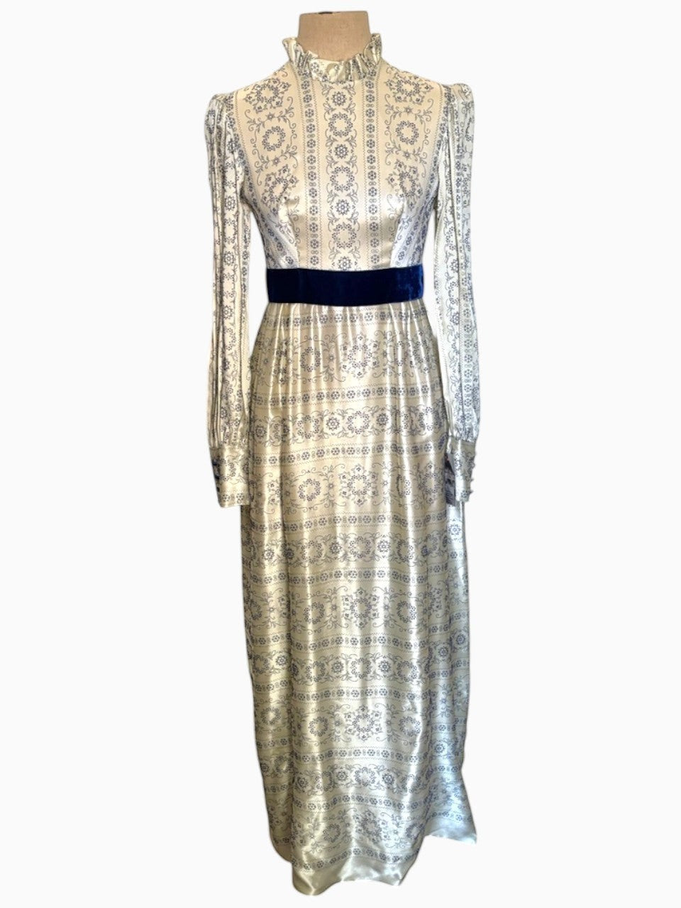 60s Flocked Satin Victorian Revival Maxi Dress
