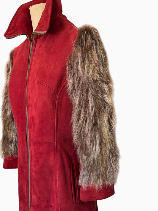 60s Red Suede Jacket Fox Fur Sleeves