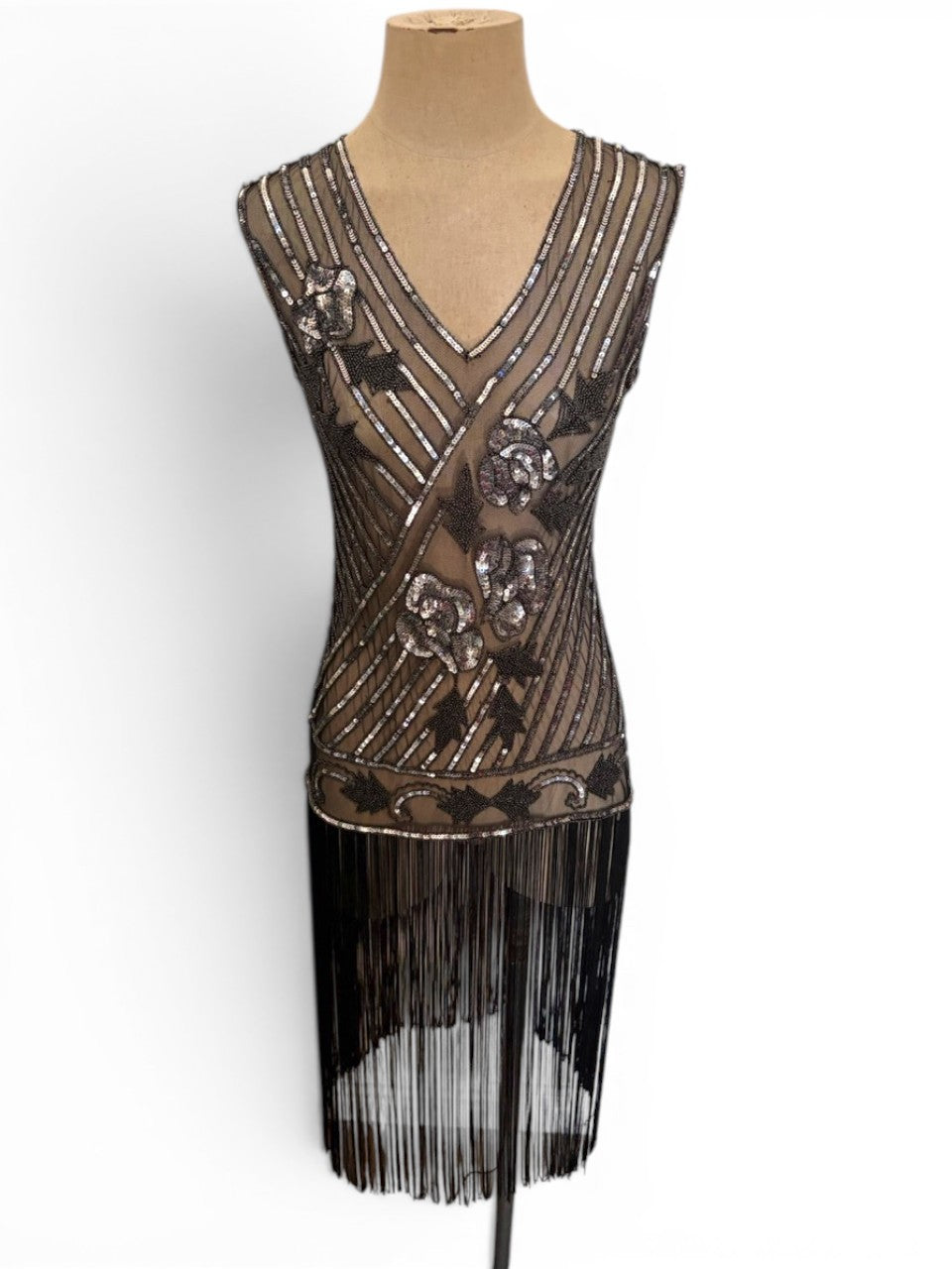 Black Silver 20s Revival Flapper Sheer Dress