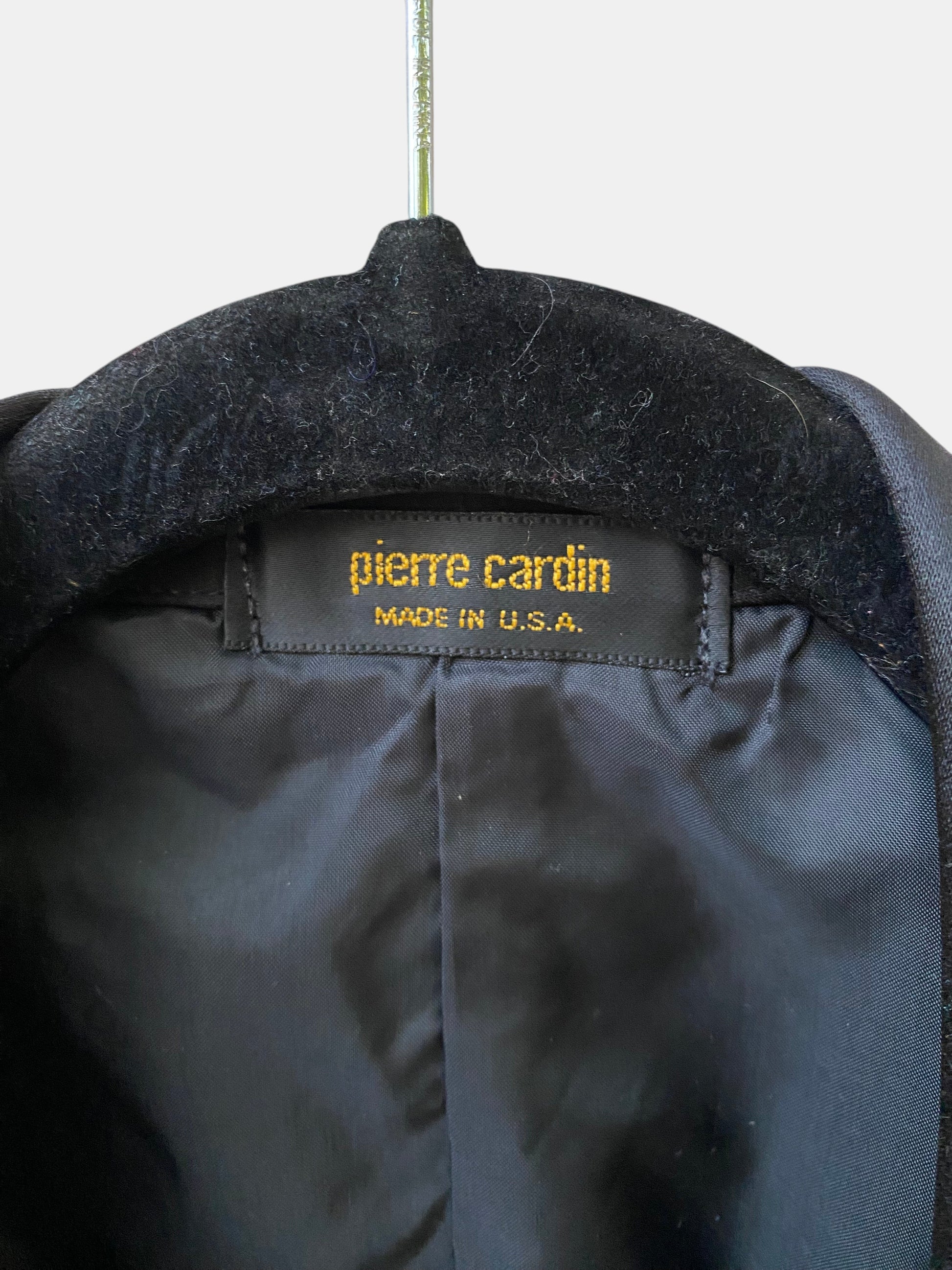 70s Pierre Cardin black tuxedo jacket — label close-up and interior detail confirming authenticity