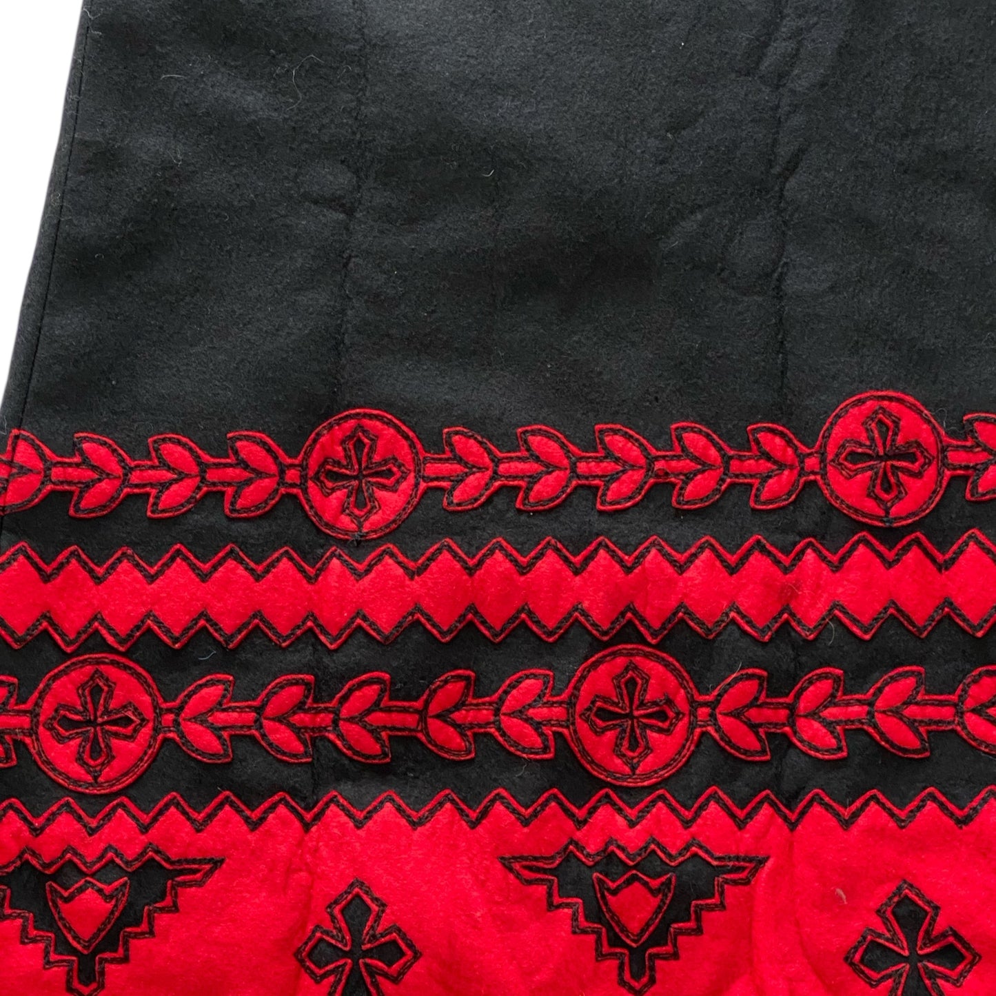 70s Anne Klein Black Felt Wool Maxi Skirt Red Applique Decorative Detail