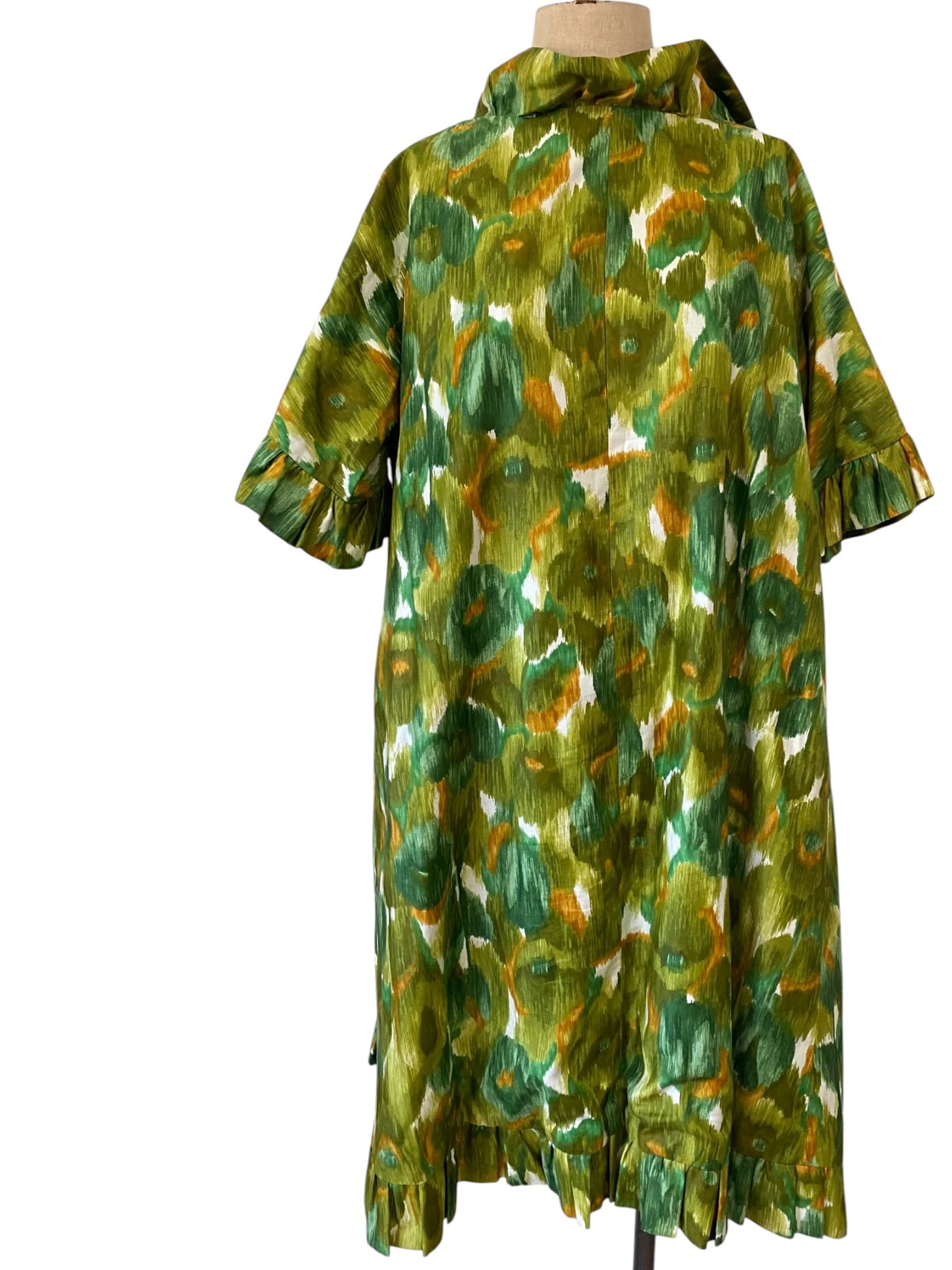 50s 60s Open Coat Abstract Watercolor Print Ruffled Trim