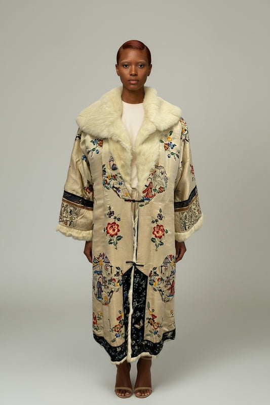 Circa 19th Century Chinese Silk Embroidered Rabbit Fur Lined Coat