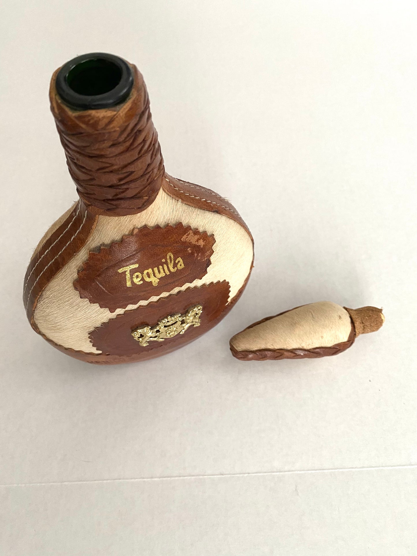 Mid Century Mexican Cowhide Leather Tequila Bottle