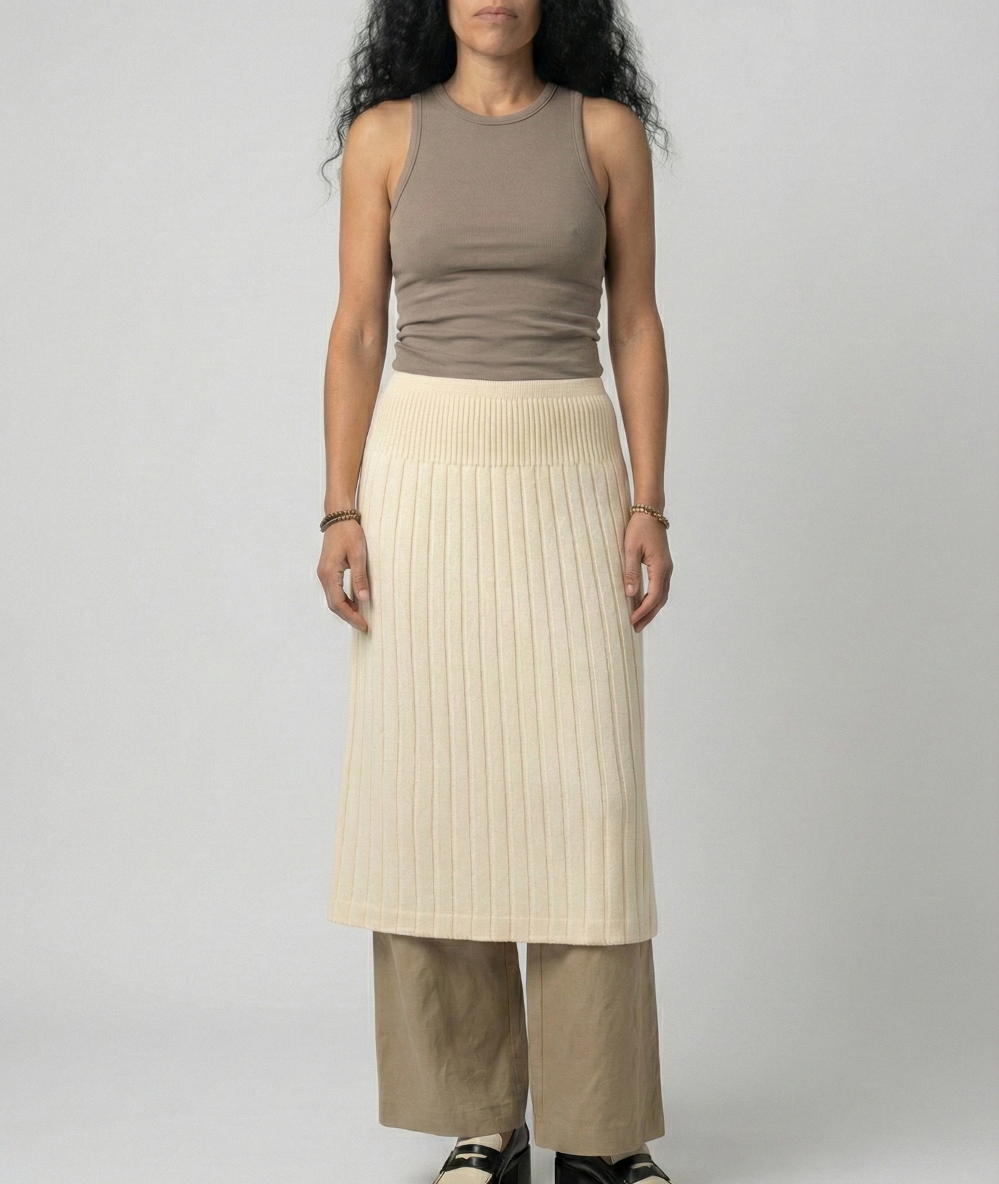 Cream Color Wool Ribbed A-Line Skirt