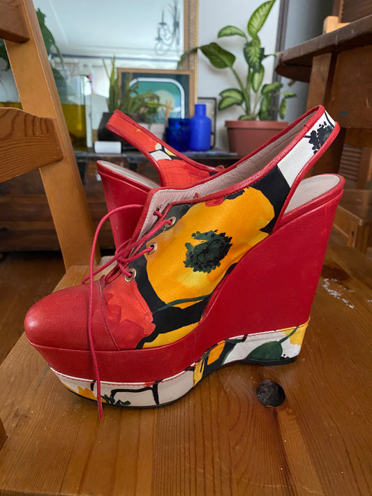 2013 Stuart Weitzman Red Floral Wedge Heels
