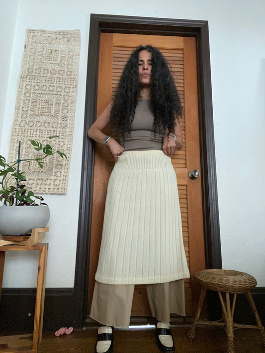 Cream Color Wool Ribbed A-Line Skirt