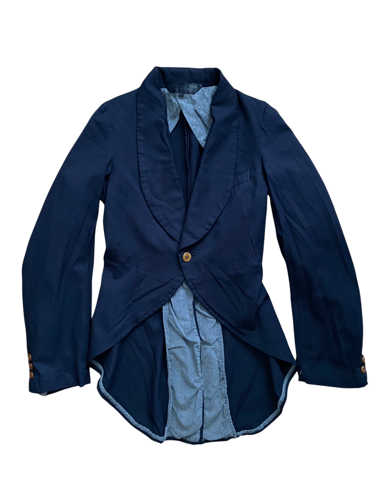 LaliSimone navy COMME des GARÇONS tailcoat jacket with shawl collar, single wood button, and gray lining details.