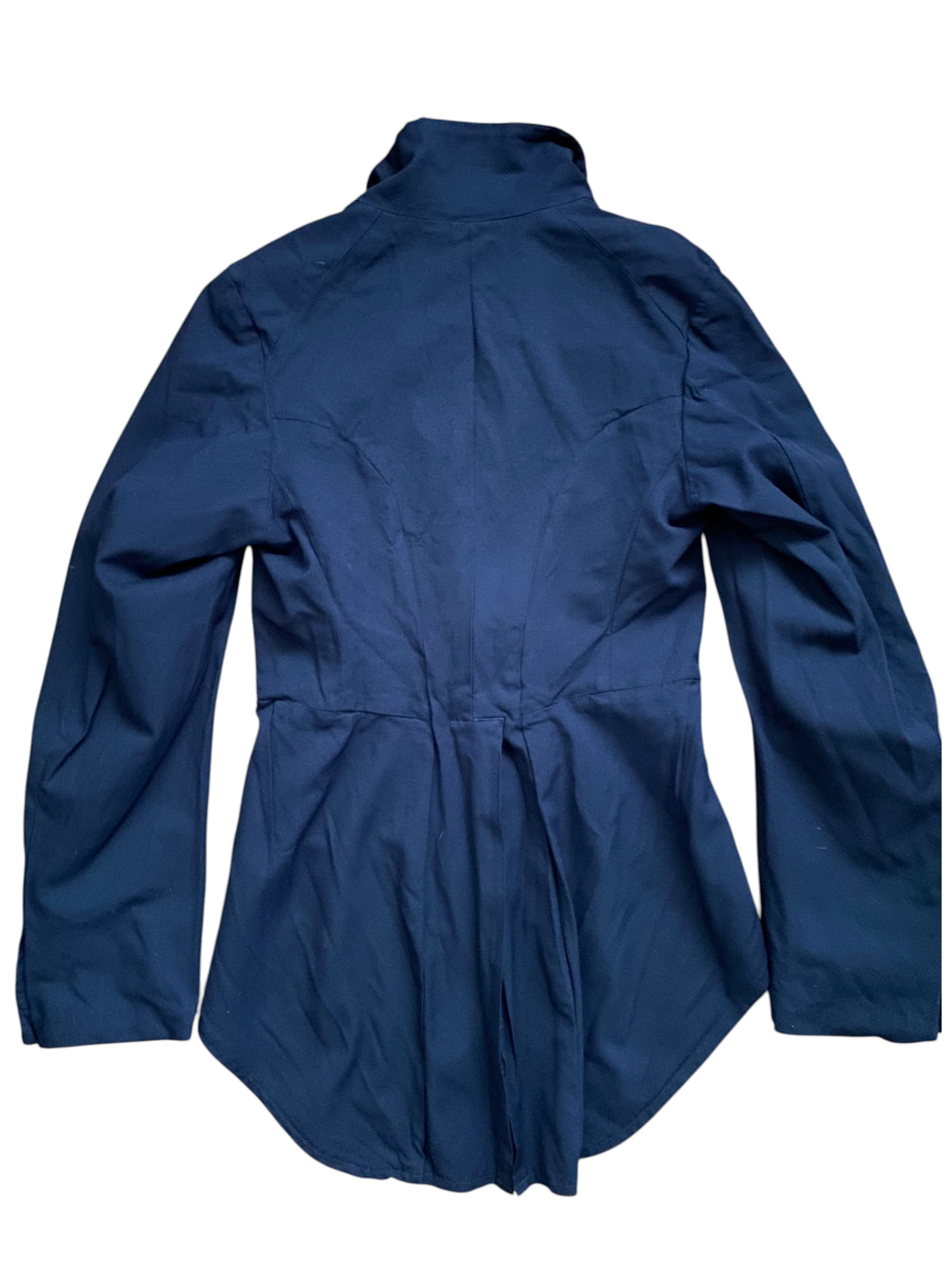 Back view of a navy blue COMME des GARÇONS tailcoat jacket with pleated detailing, sold by LaliSimone.