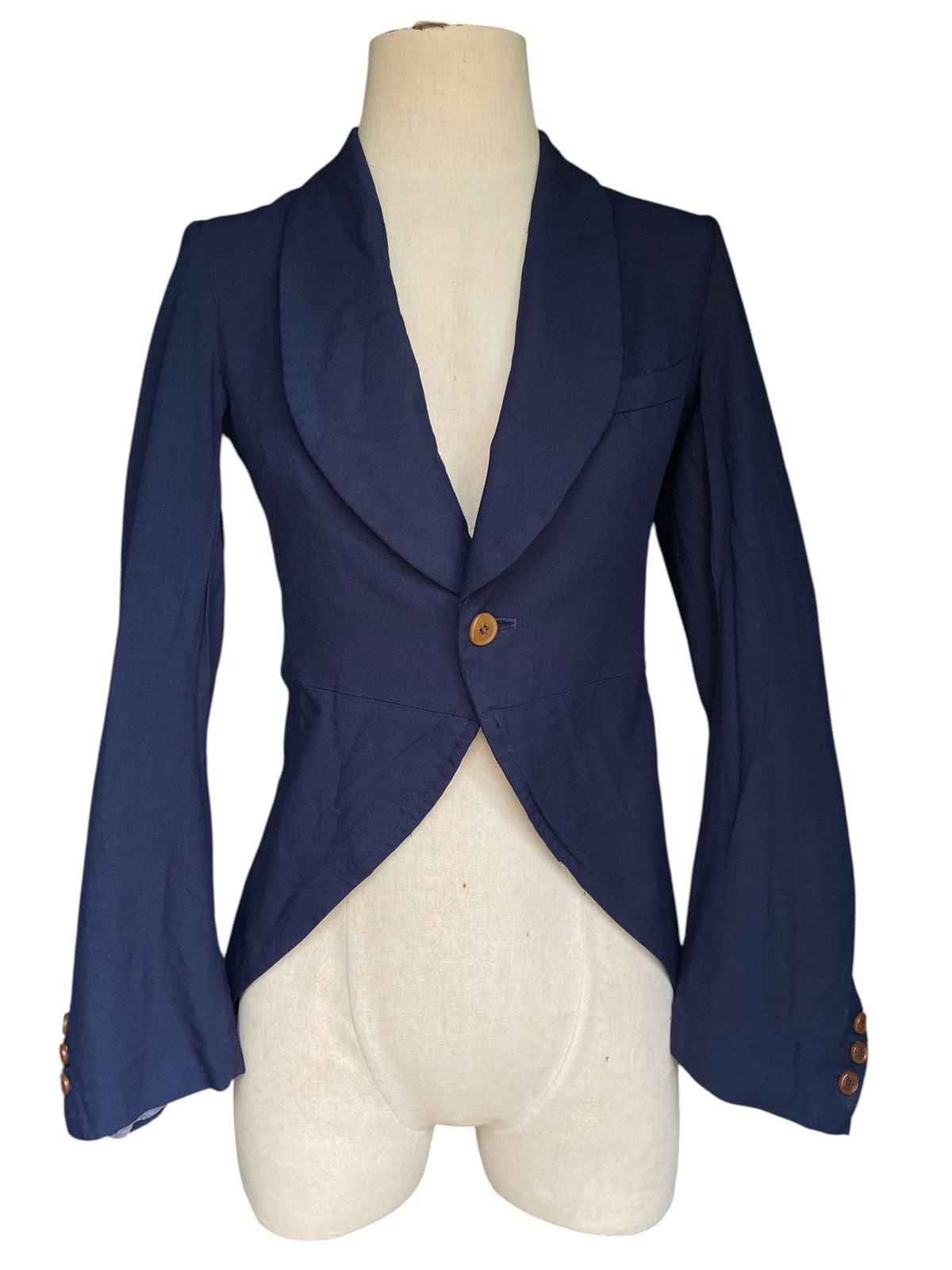 LaliSimone vintage COMME des GARÇONS navy tailcoat jacket with shawl collar and single wood button closure.