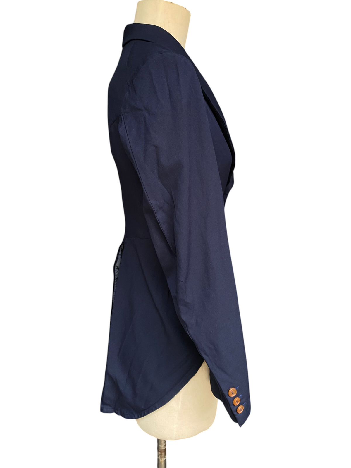 LaliSimone vintage navy COMME des GARÇONS tailcoat jacket with shawl collar and wood button detail on a mannequin