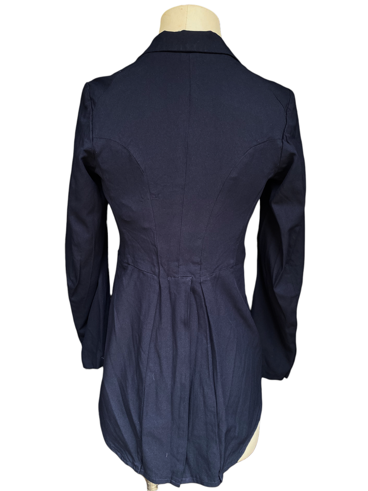 LaliSimone vintage COMME des GARÇONS navy blue tailcoat jacket with a pleated back and tailored fit on a mannequin