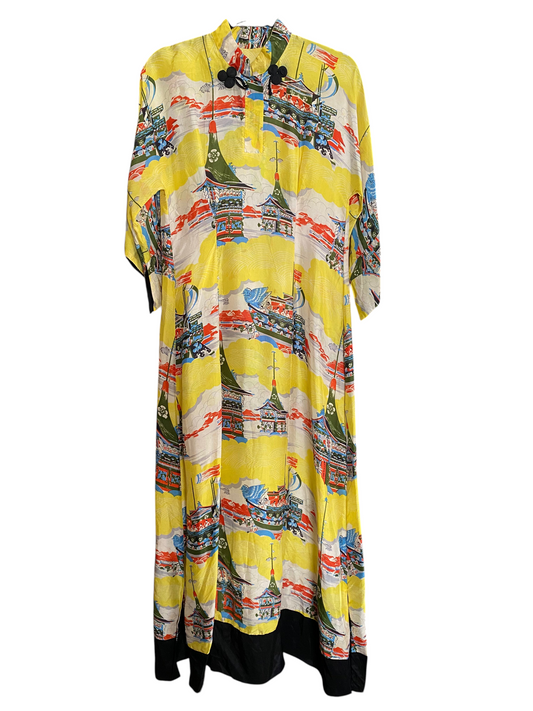 LaliSimone vintage 1940s yellow rayon Pake Muu dress with pagoda novelty print, kimono sleeves, and frog closures.