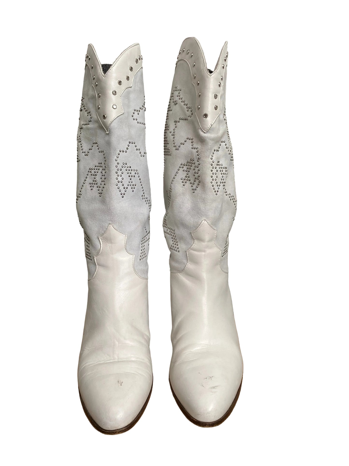 White western cowboy boots with rhinestone horse motif — front view, full boot