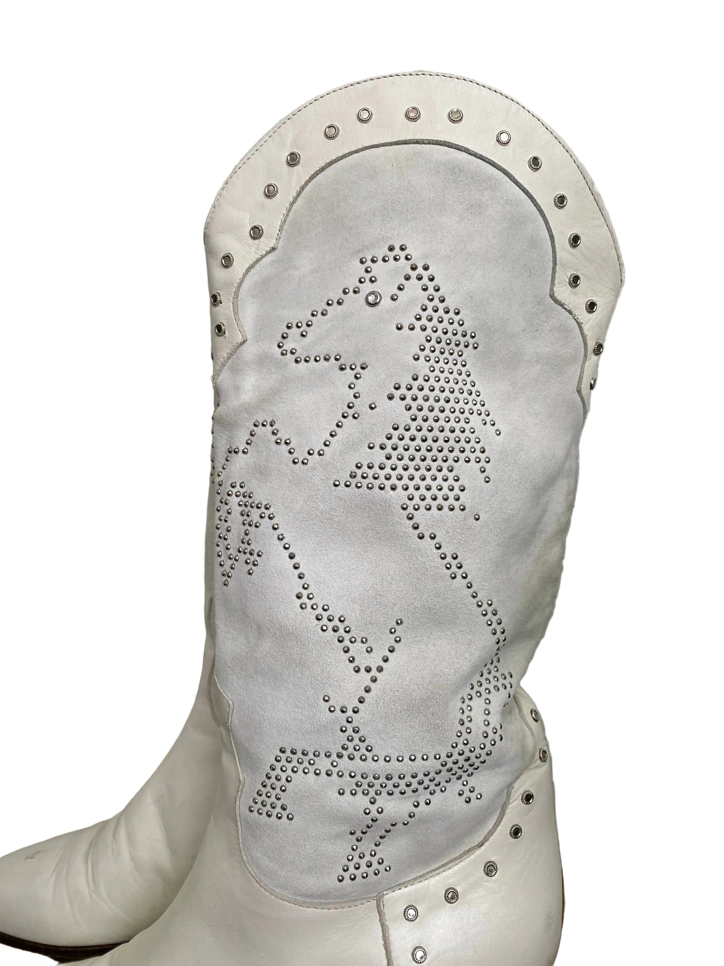 White cowboy boots with rhinestone horse — back view showing heel and stitching