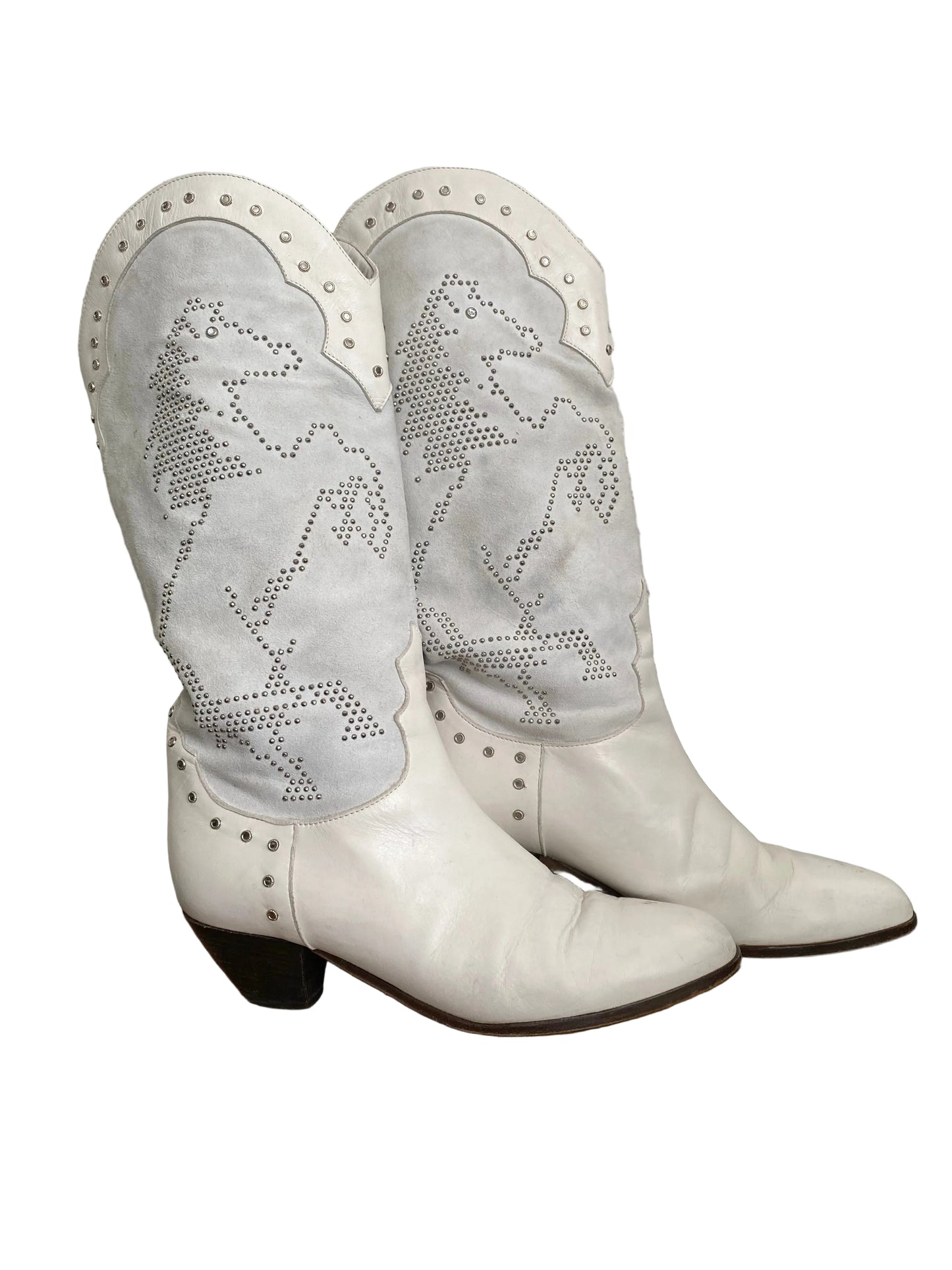 White rhinestone western boots — toe box close-up showing leather and detailing