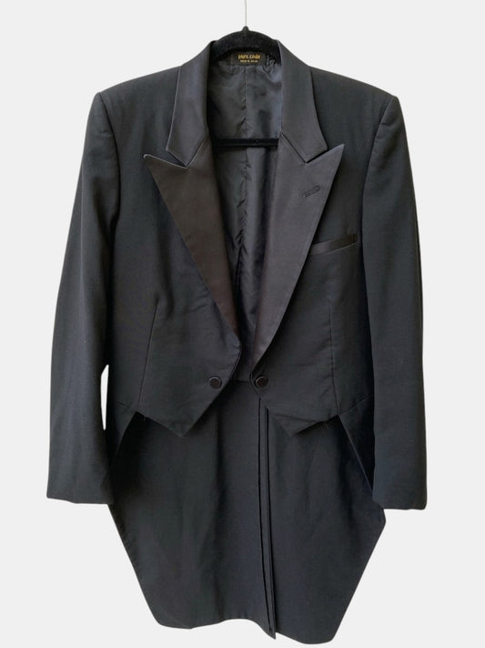1970s Pierre Cardin black coattail tuxedo jacket — front view showing lapels and structured silhouette