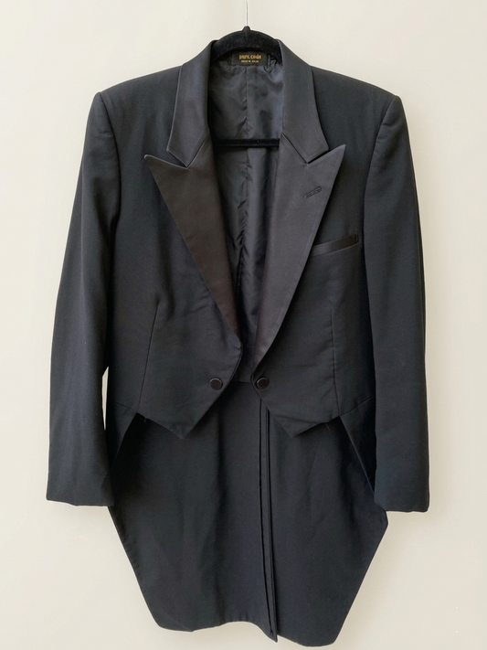 1970s Pierre Cardin black coattail tuxedo jacket — front view showing lapels and structured silhouette