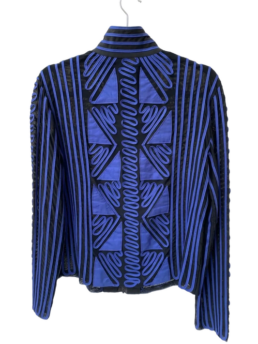 Joseph Ribkoff sheer jacket — close-up of blue soutache trim detailing