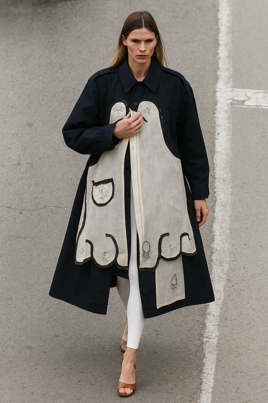 Woman wearing a black coat with a large white scarf featuring black patterns against a gray background