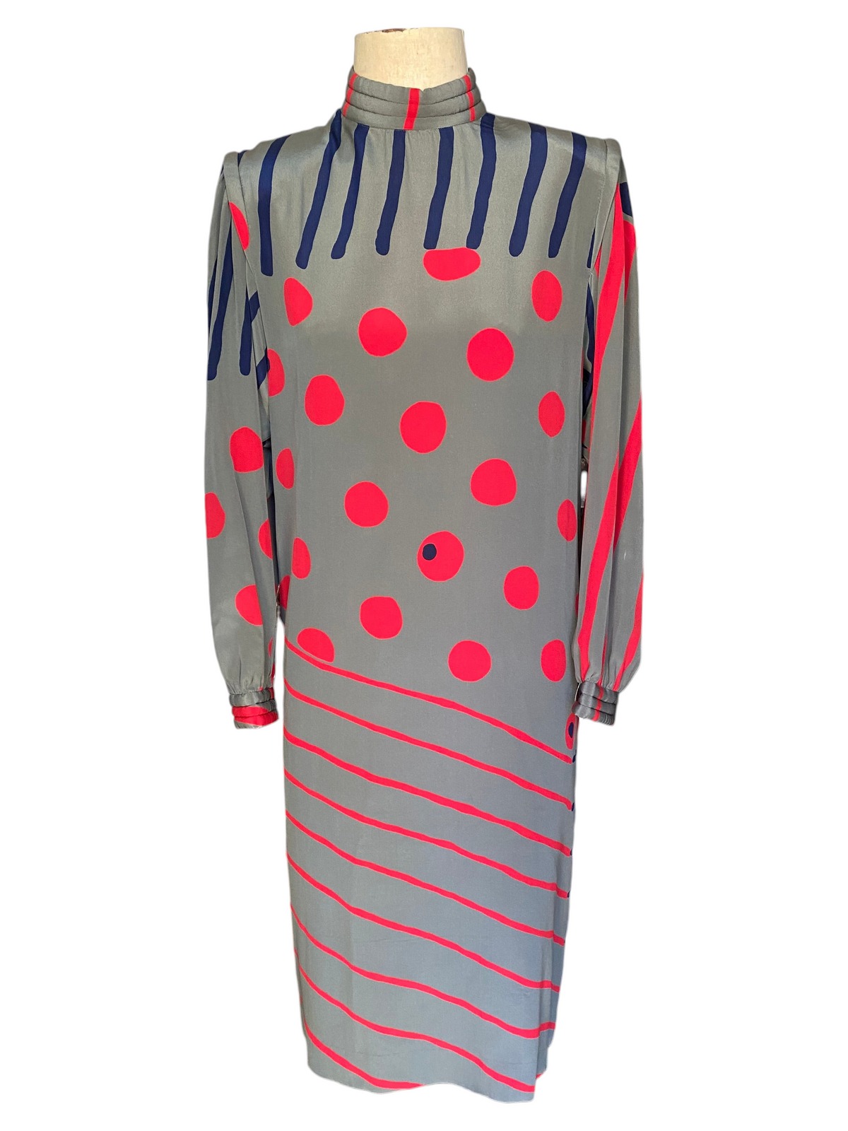 LaliSimone 1980s Balenciaga silk shift dress featuring a gray ground with coral dots, cobalt stripes, and wavy lines.