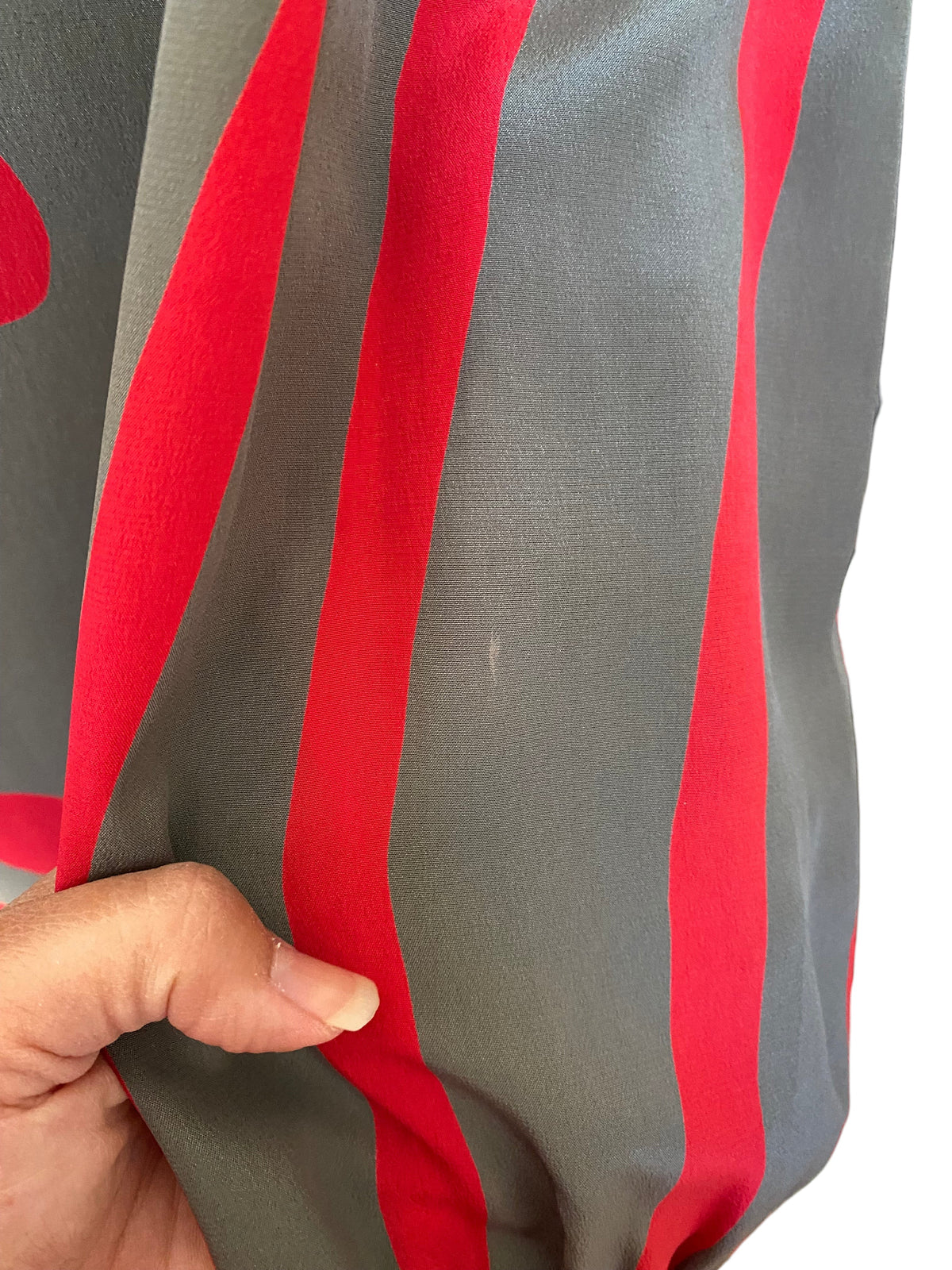 LaliSimone vintage 80s Balenciaga silk dress fabric featuring coral stripes and cobalt dots on a soft gray background