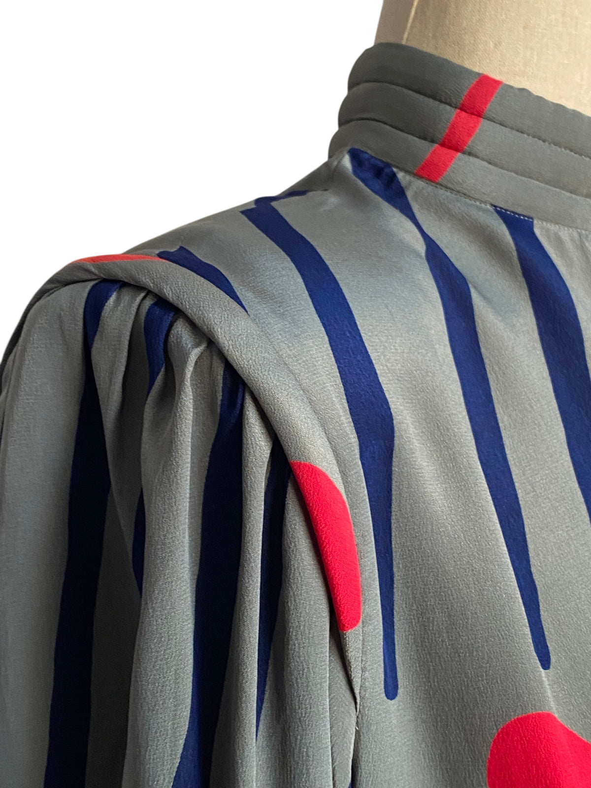 LaliSimone vintage 1980s Balenciaga silk dress featuring a gray ground with coral stripes and cobalt blue dots